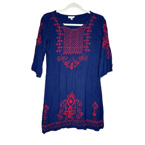 Luv 2 Luv Womens 3/4 Sleeve Embroidered Sheath Dress Blue Size M - Picture 1 of 4